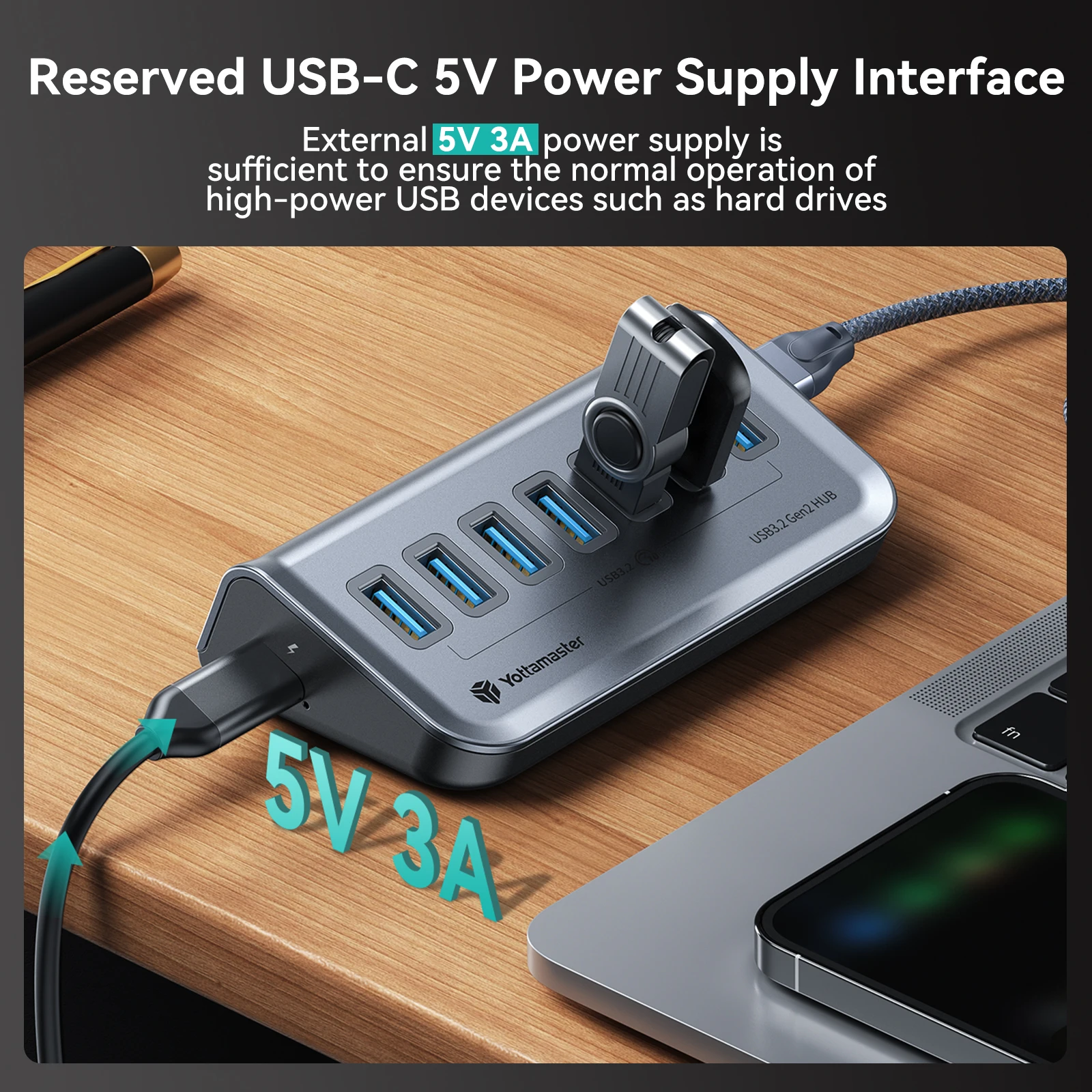 Yottamaster USB-C 3.2 Hub 7 Port USB Hub Powered 5V/3A USB 3.2 Gen2 10Gbps Data Hub for Laptops Surface Pro Portable Hard Drives thumbnail 3