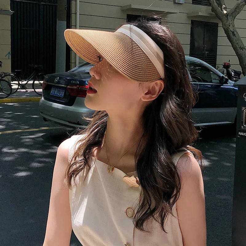 Summer Empty Top Straw Hat for Women Outdoor Beach Sunscreen Visor Cap Female Handmade UV Protection Big Brim Sun Hats thumbnail 3