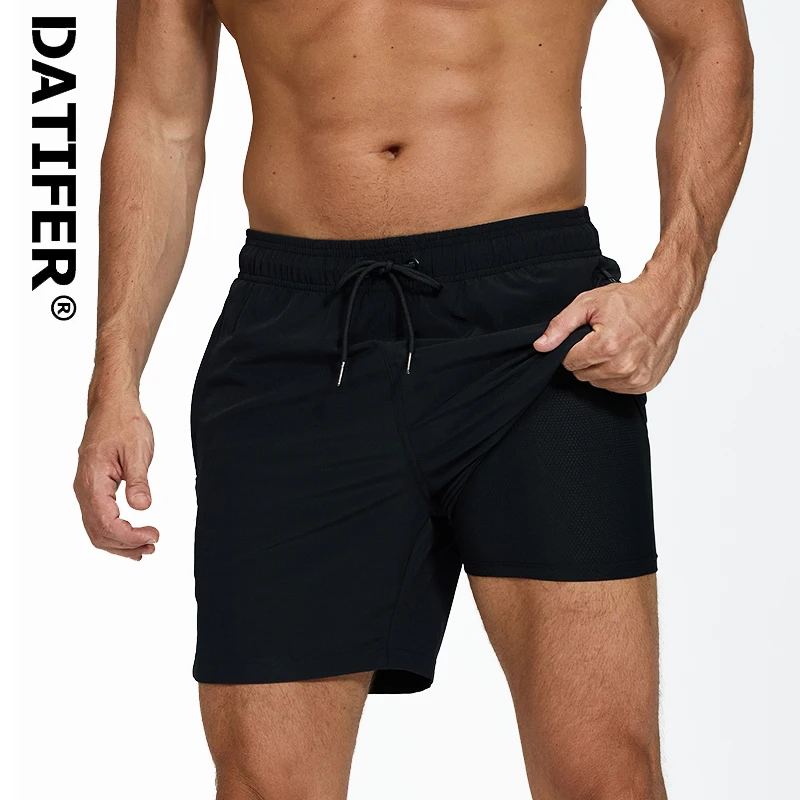 DATIFER Summer 2026 New Mens Shorts Polyester With Spandex Long Liner 2 in 1 Elastic Waist Side Zipper Pocket Gym Beach Swimwear