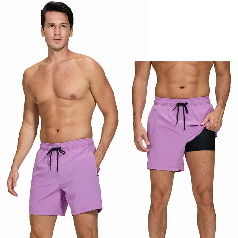 DATIFER Summer 2026 New Mens Shorts Polyester With Spandex Long Liner 2 in 1 Elastic Waist Side Zipper Pocket Gym Beach Swimwear thumbnail 4