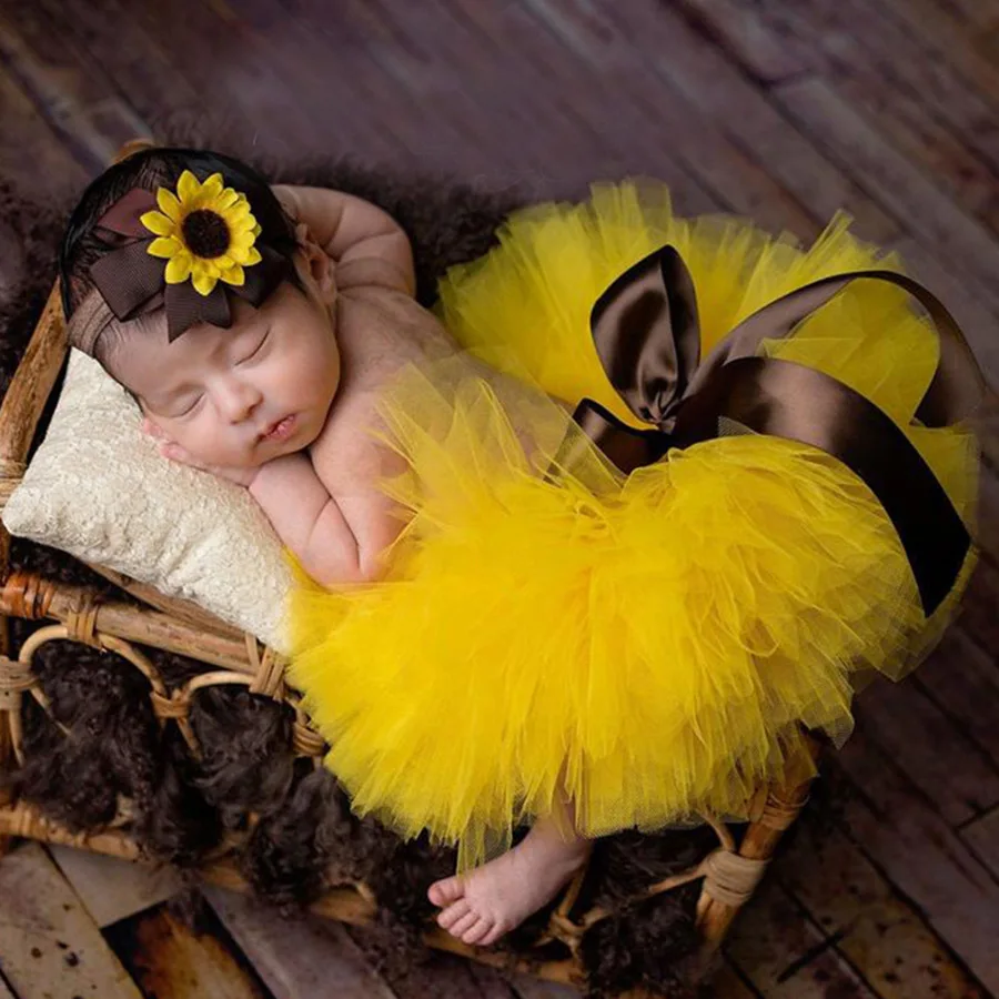 Baby Photography Unique Sunflower Design Adorable Newborn's Outfit Chinese Tutu Bow Skirt Flower Headdress for 0-1month