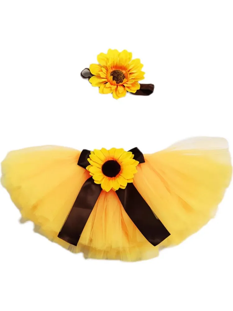 Baby Photography Unique Sunflower Design Adorable Newborn's Outfit Chinese Tutu Bow Skirt Flower Headdress for 0-1month thumbnail 4