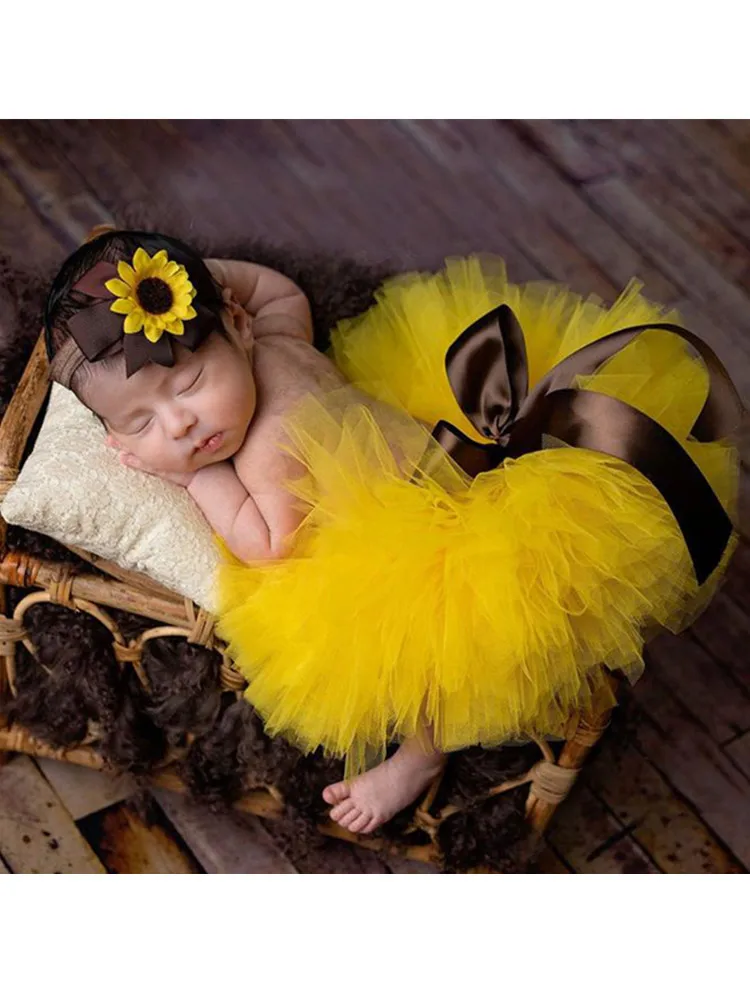 Baby Photography Unique Sunflower Design Adorable Newborn's Outfit Chinese Tutu Bow Skirt Flower Headdress for 0-1month thumbnail 6