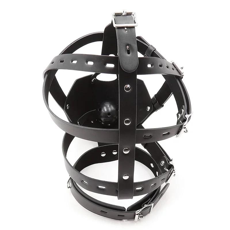 PU Leather Head Harness with Mouth Ball Gag Fetish Salve BDSM Oral Muzzle Restraints Face Mask Hood Bondage Headgear for Couples thumbnail 6