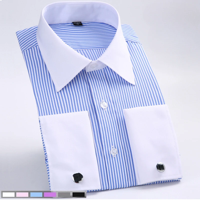 M~6XL Men's French Cuff Dress Shirt 2024New White Long Sleeve Formal Business Buttons Male Shirts Regular Fit Cufflinks Shirt thumbnail 3