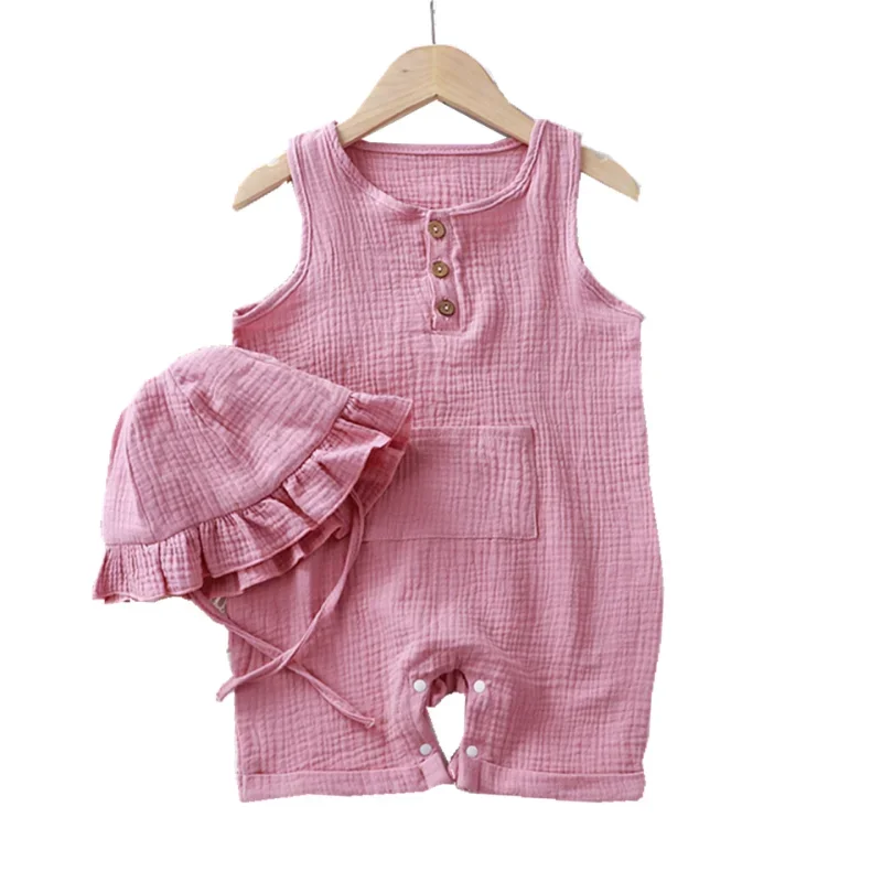 2Pcs/Set Baby Summer Clothing Solid Newborn Infant Romper With Hat Muslin Cotton Sleeveless Baby Boys Girls Jumpsuit Outfits thumbnail 5