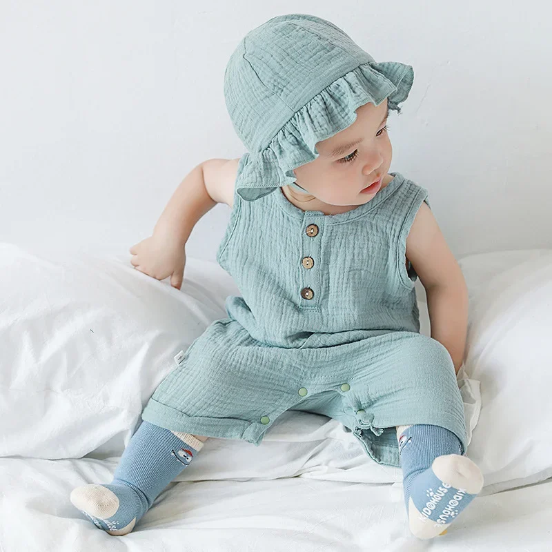 2Pcs/Set Baby Summer Clothing Solid Newborn Infant Romper With Hat Muslin Cotton Sleeveless Baby Boys Girls Jumpsuit Outfits thumbnail 2