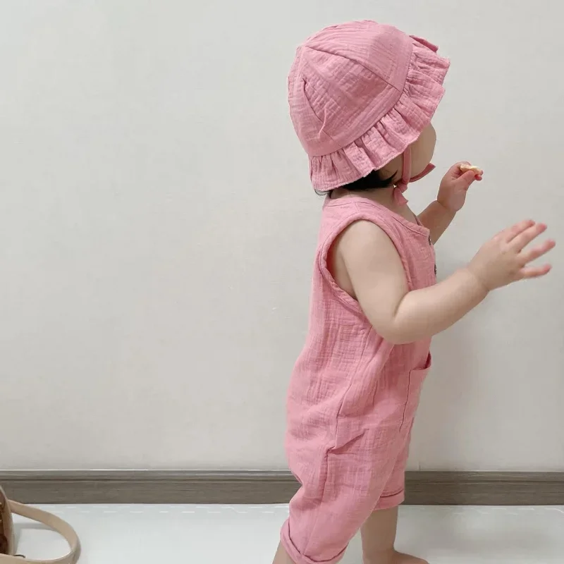 2Pcs/Set Baby Summer Clothing Solid Newborn Infant Romper With Hat Muslin Cotton Sleeveless Baby Boys Girls Jumpsuit Outfits thumbnail 4