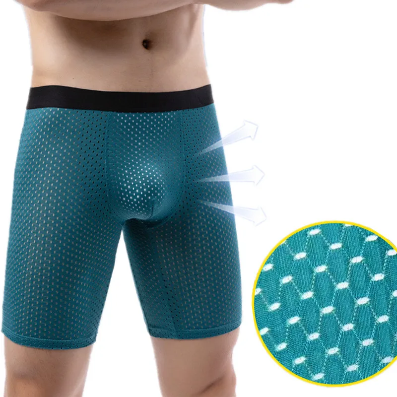 Men Underwear Boxers Shorts Homme Breathable Ice Silk Mesh Panites Man Solid U Convex Pouch Long Leg Underpant Cueca Calzoncillo thumbnail 2