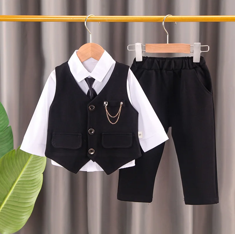 2024 new  boy's solid color children's gentleman suit wear baby chain vest  Tie Shirt three piece formal evening fashion dres thumbnail 3