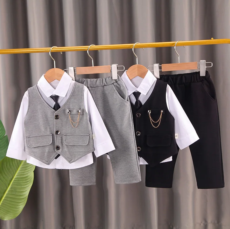 2024 new  boy's solid color children's gentleman suit wear baby chain vest  Tie Shirt three piece formal evening fashion dres thumbnail 2