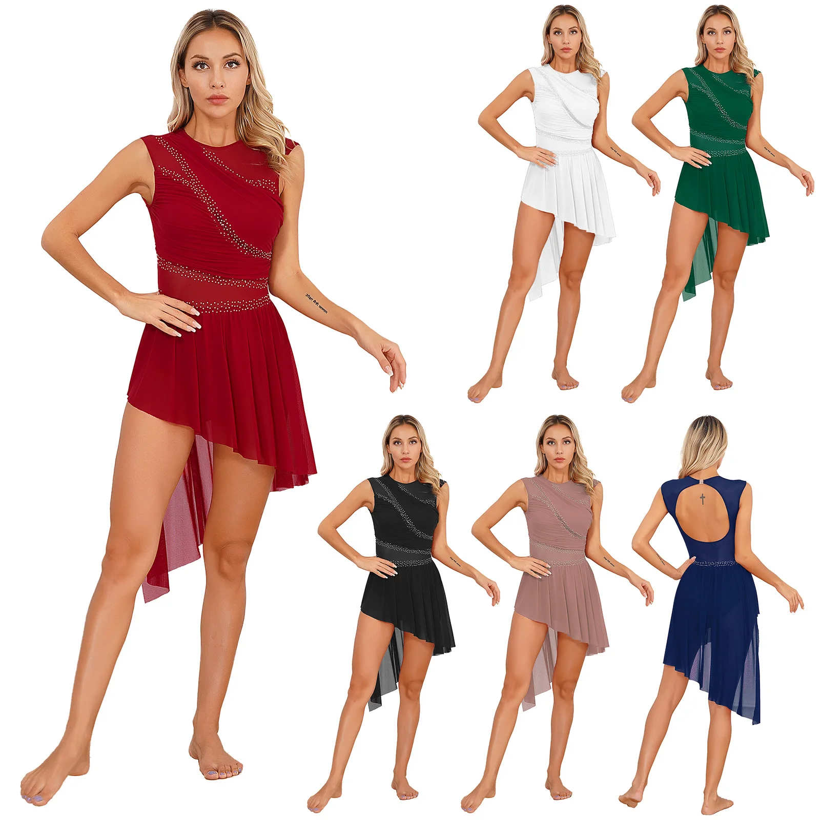 Womens Figure Skating Dress Chic Asymmetrical Hem Ballet Gymnastics Leotard Modern Contemporary Lyrical Performance Costume thumbnail 5