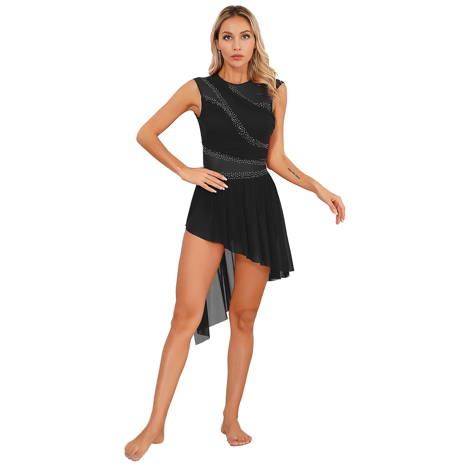 Womens Figure Skating Dress Chic Asymmetrical Hem Ballet Gymnastics Leotard Modern Contemporary Lyrical Performance Costume thumbnail 3