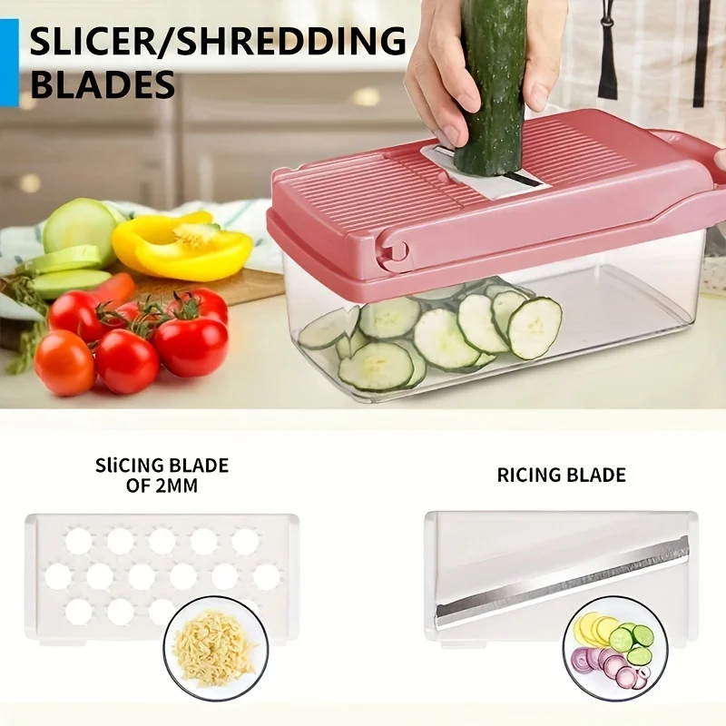 Pink Vegetable Chopper, Multifunctional Fruit Slicer, Manual Food Grater, Vegetable Slicer, Cutter With Container thumbnail 5