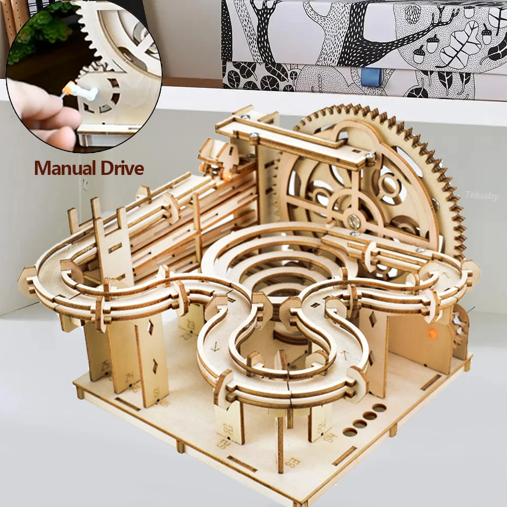 3D Wooden Puzzle DIY Mechanical Manual Model  Building Kits Assemble Toys Marble Run Set with 4 Ball for Adult Kids Gifts thumbnail 3