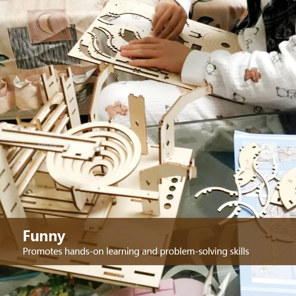 3D Wooden Puzzle DIY Mechanical Manual Model  Building Kits Assemble Toys Marble Run Set with 4 Ball for Adult Kids Gifts thumbnail 6