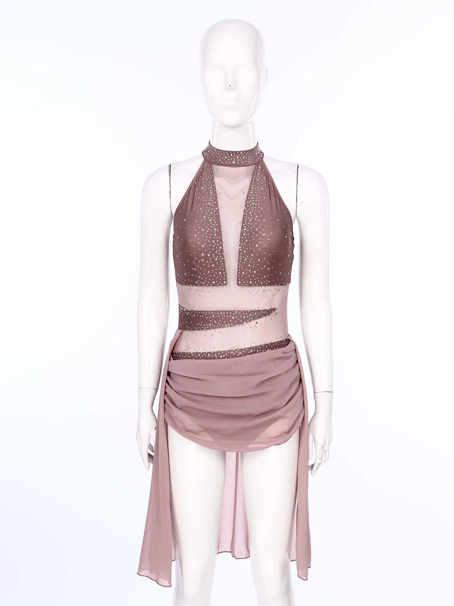 Women Modern Lyrical Dance Dress Shiny Rhinestone Sheer Mesh Leotard Dancewear for Ballet Gymnastics Figure Skating Performance thumbnail 3