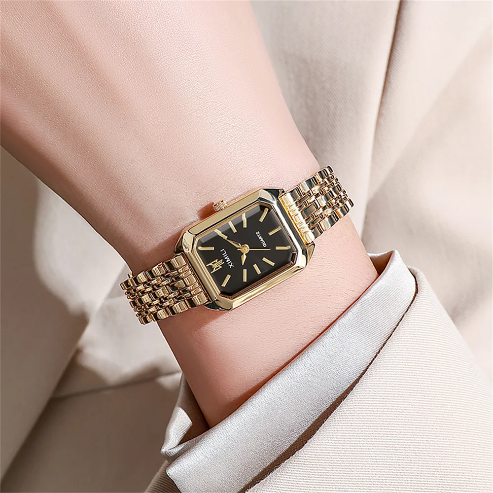 Luxury Ladies Fashion Quartz Watch Simple Scale Square Quality Gold Plated Women Watches Business Stainless Steel Folding Clock thumbnail 5
