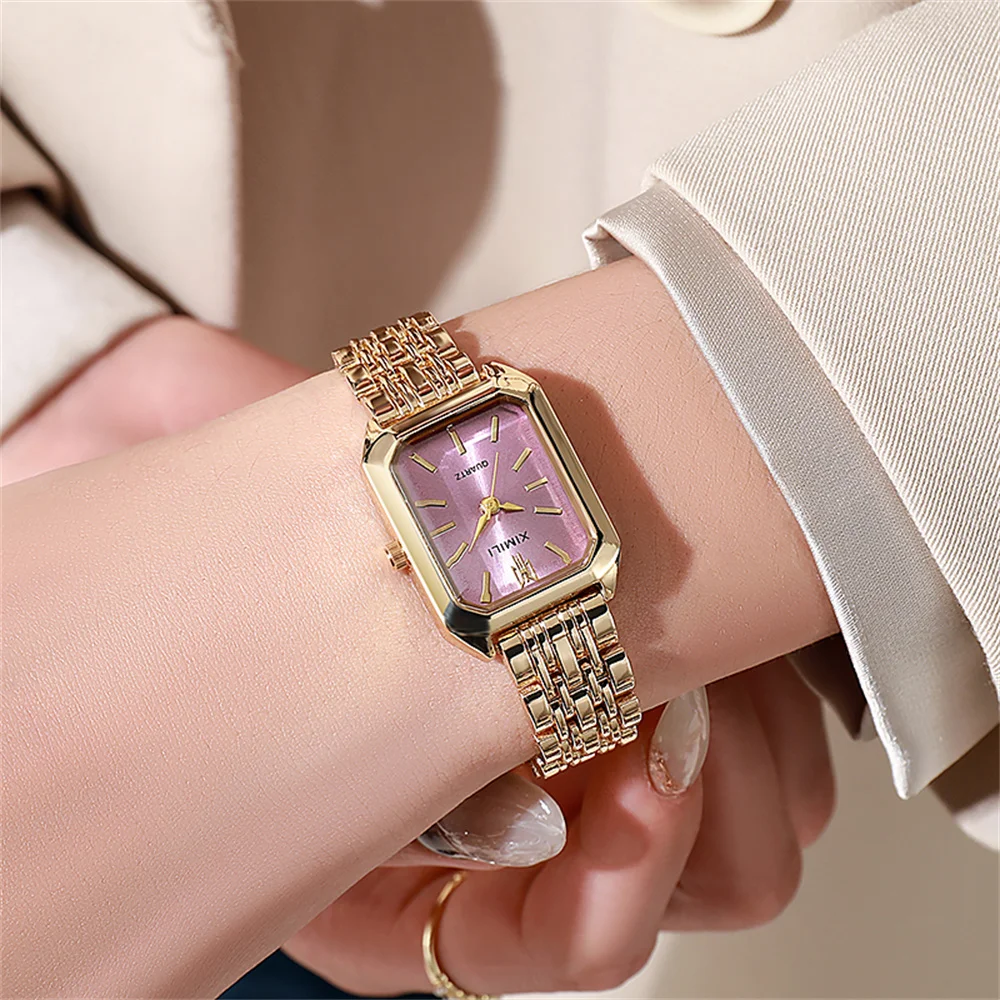 Luxury Ladies Fashion Quartz Watch Simple Scale Square Quality Gold Plated Women Watches Business Stainless Steel Folding Clock thumbnail 4