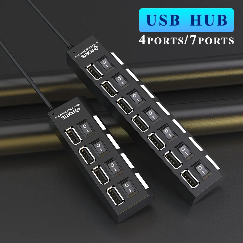 USB HUB 4/7 Port Multiple Expander With ON/OFF Switch Multi USB Splitter Hub 4ports 7ports Adapter Computer Accessories thumbnail 2