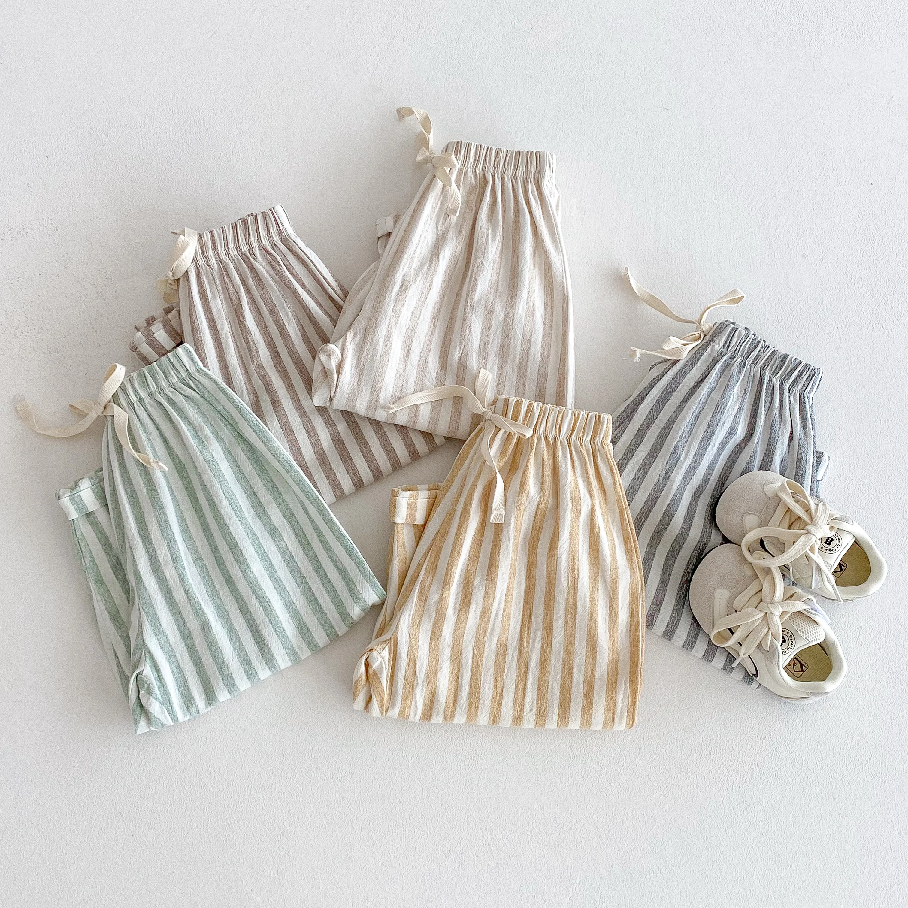 Vintage Linen Cotton Stripe Pants for Boys Casual Pocket Design Elastics Waist Pants for Toddler Girl Clothing Children Trousers thumbnail 6