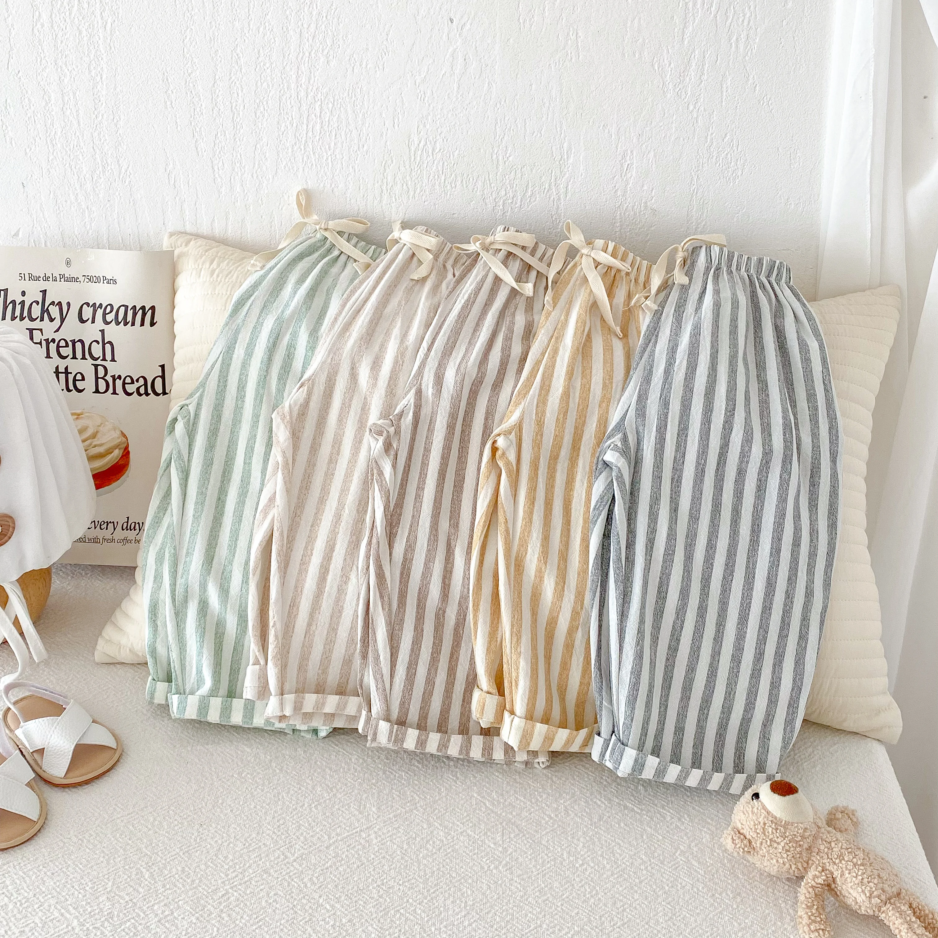 Vintage Linen Cotton Stripe Pants for Boys Casual Pocket Design Elastics Waist Pants for Toddler Girl Clothing Children Trousers thumbnail 2