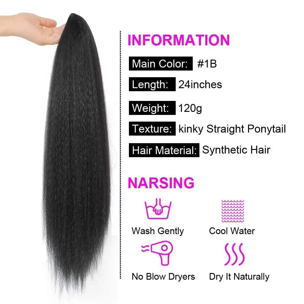 Synthetic Wig Haipiece Yaki Drawstring Ponytail Extension with Bangs Long Straight Clip in for Black Women Girl Lady Party Daily thumbnail 4