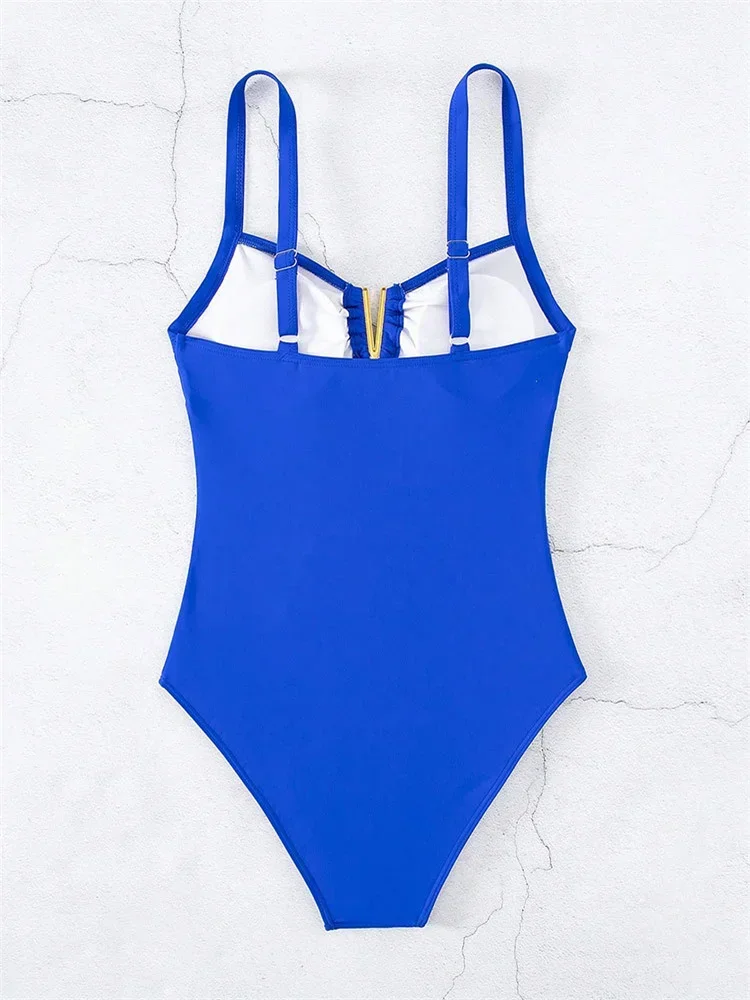 Sexy V Neck One Piece Swimsuit 2025 Mujer Women Black Hollow Out Pleate Tummy Control Swimwear Beach Bathing Suit Slim Monokini thumbnail 6