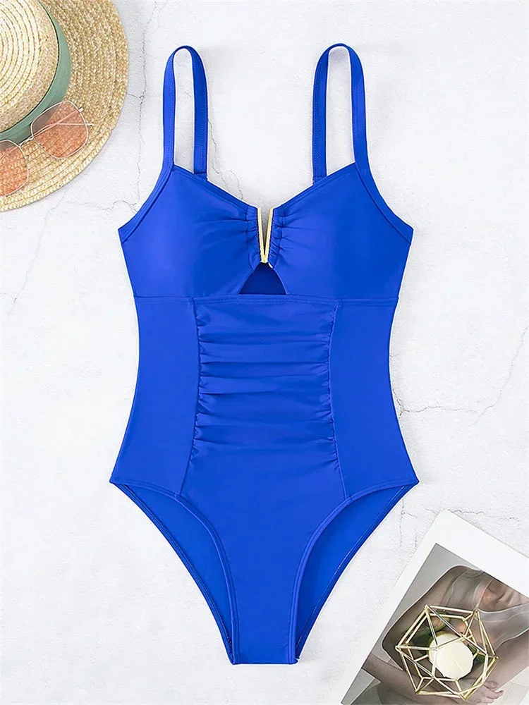 Sexy V Neck One Piece Swimsuit 2025 Mujer Women Black Hollow Out Pleate Tummy Control Swimwear Beach Bathing Suit Slim Monokini thumbnail 5