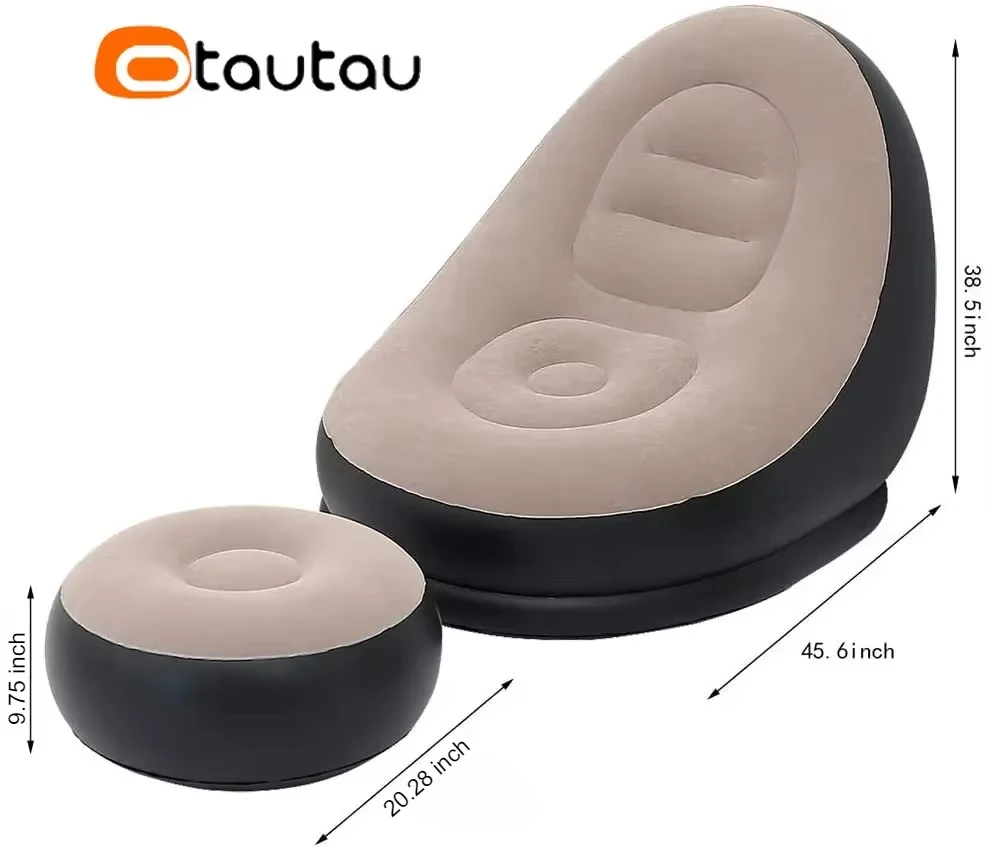 OTAUTAU Inflatable Lounger with Footstool Ottoman Chaise Lounge Recliner Outdoor Portable Camping Couch Garden Chair Pouf SF029 thumbnail 2