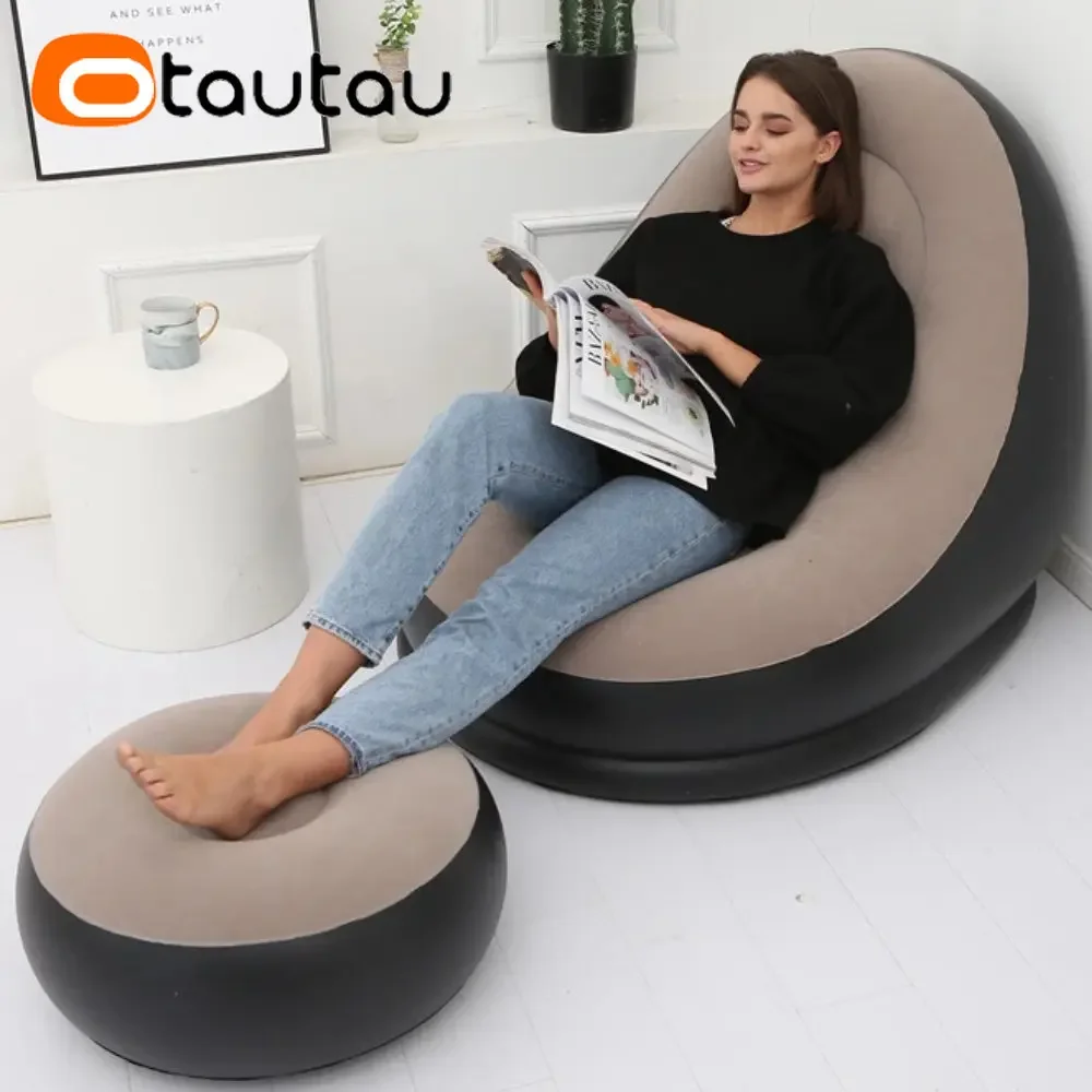 OTAUTAU Inflatable Lounger with Footstool Ottoman Chaise Lounge Recliner Outdoor Portable Camping Couch Garden Chair Pouf SF029 thumbnail 5