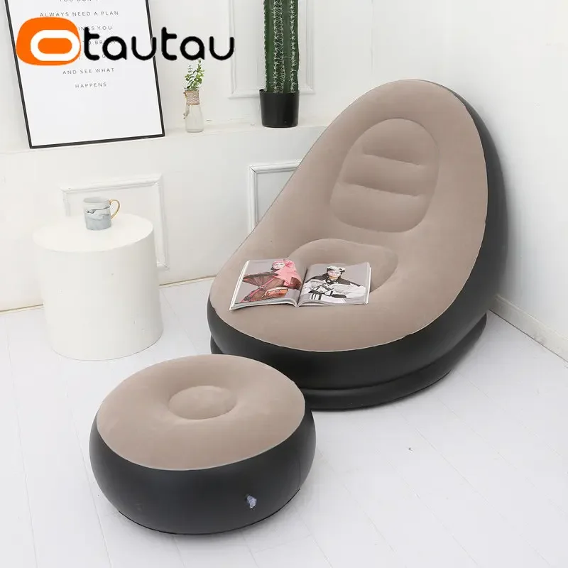 OTAUTAU Inflatable Lounger with Footstool Ottoman Chaise Lounge Recliner Outdoor Portable Camping Couch Garden Chair Pouf SF029 thumbnail 6