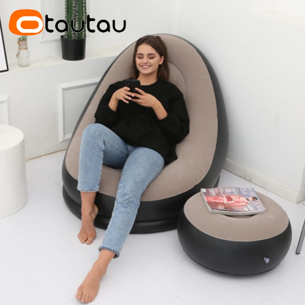 OTAUTAU Inflatable Lounger with Footstool Ottoman Chaise Lounge Recliner Outdoor Portable Camping Couch Garden Chair Pouf SF029 thumbnail 4