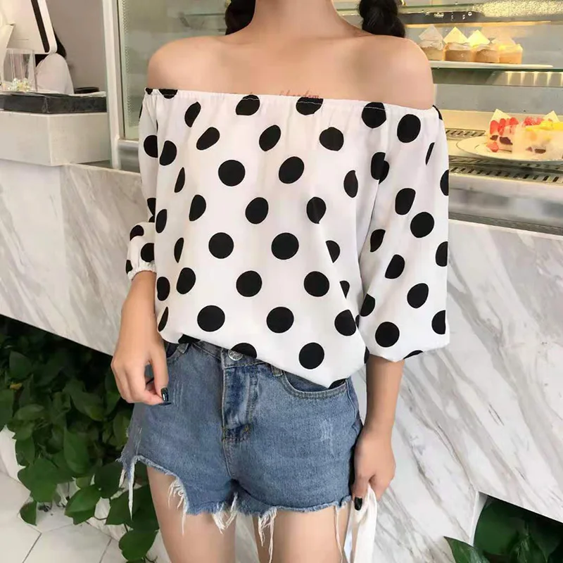 Black Polka Dot Print Chiffon Slash Neck Short Sleeve Loose Women's Blouse Shirt Korean Fashion Female Clothing Tops 2024 Summer thumbnail 3