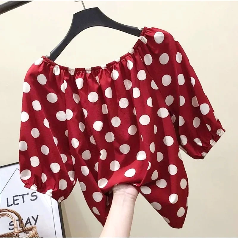 Black Polka Dot Print Chiffon Slash Neck Short Sleeve Loose Women's Blouse Shirt Korean Fashion Female Clothing Tops 2024 Summer thumbnail 5
