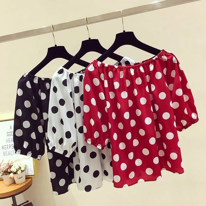 Black Polka Dot Print Chiffon Slash Neck Short Sleeve Loose Women's Blouse Shirt Korean Fashion Female Clothing Tops 2024 Summer thumbnail 2