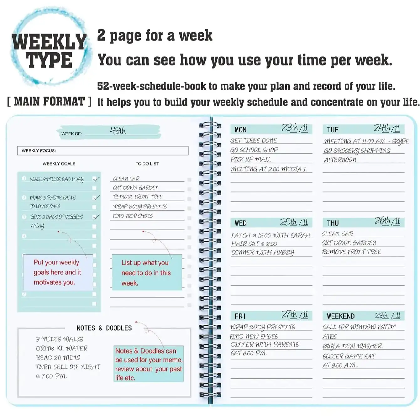 Spiral Undated A5 Weekly Notebook Planner Agenda, Ntationery Office School Supplies, Record Daily Plan to Achieve thumbnail 4