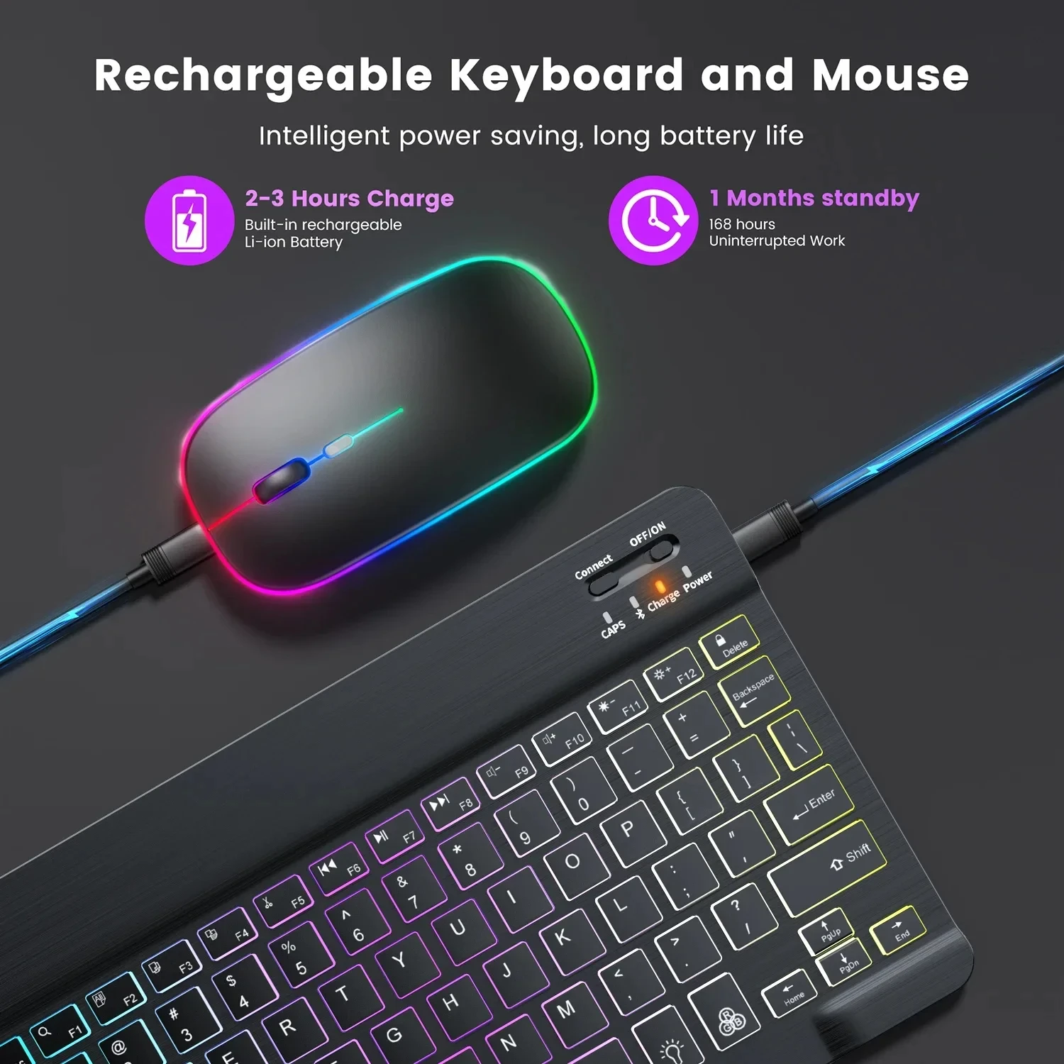 Mini Backlit RGB 10inch Bluetooth Keyboard Wireless mouse Rechargeable for Spanish Russian Hebrew Korean French Arabic Portugal thumbnail 3