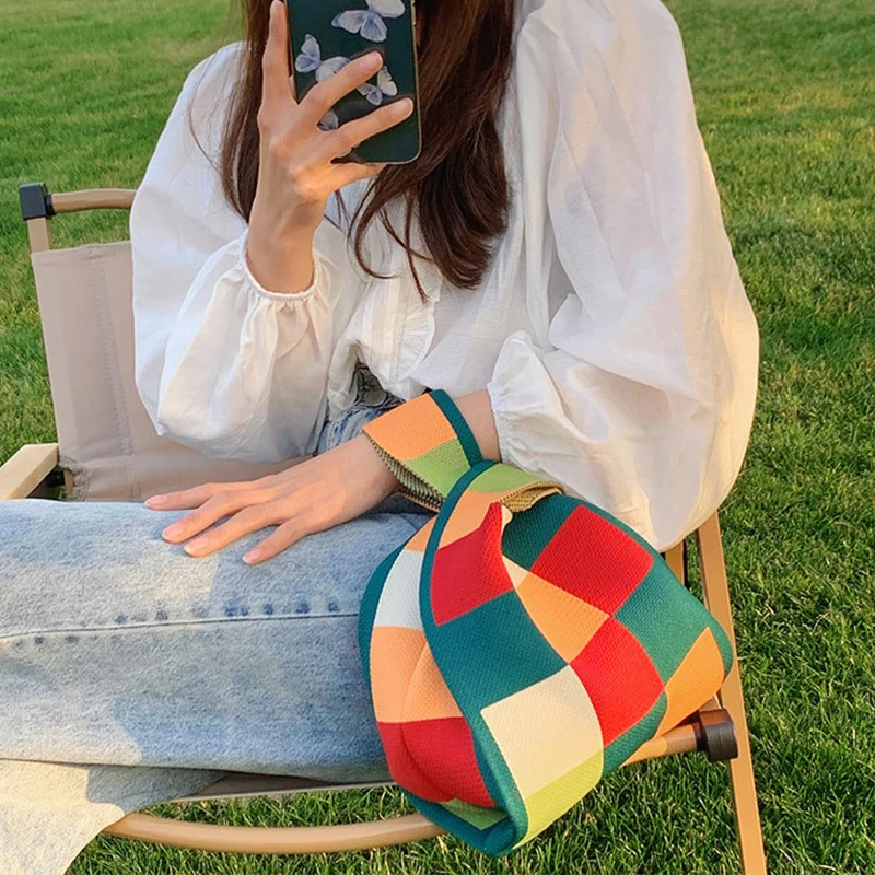 Luxury Design Stripe Knitted Small Handbag and Purse Fashion Korean Trendy Travel Shoulder Bag Wrist Bag Summer Shopper Tote thumbnail 4