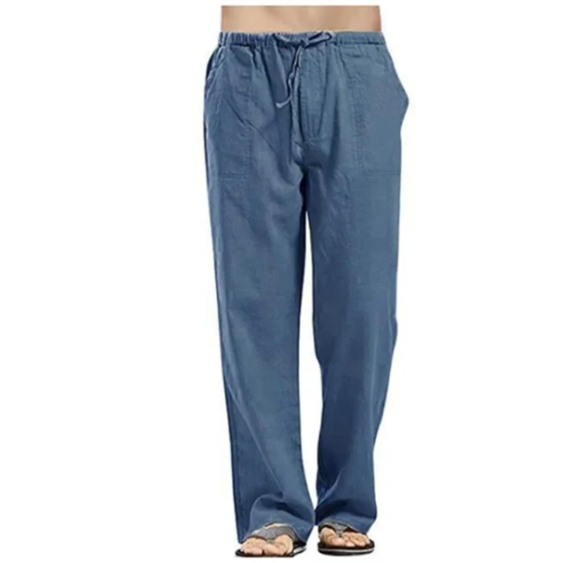 FGKKS 2024 Summer Men Solid Linen Pants Multi-Pocket Straight Casual Pants Large Size Breathable Light Loose Trousers Male thumbnail 3