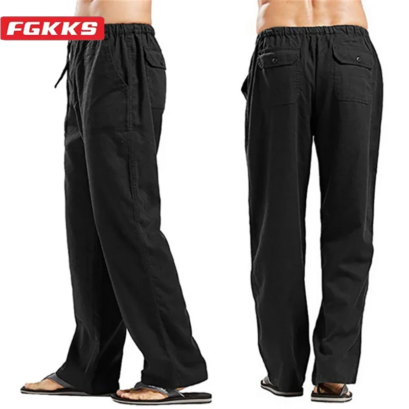 FGKKS 2024 Summer Men Solid Linen Pants Multi-Pocket Straight Casual Pants Large Size Breathable Light Loose Trousers Male