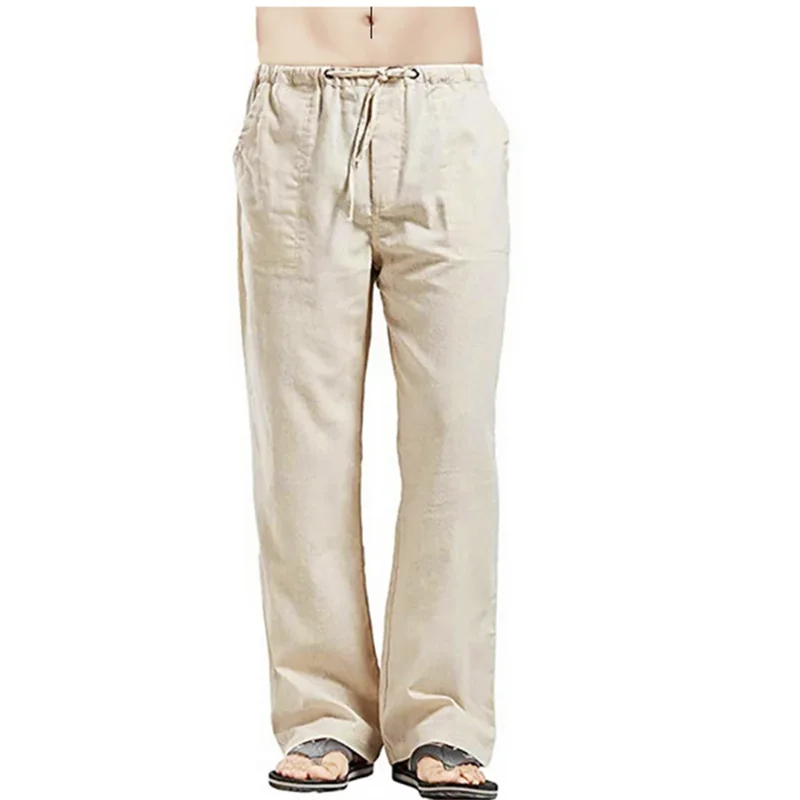 FGKKS 2024 Summer Men Solid Linen Pants Multi-Pocket Straight Casual Pants Large Size Breathable Light Loose Trousers Male thumbnail 2