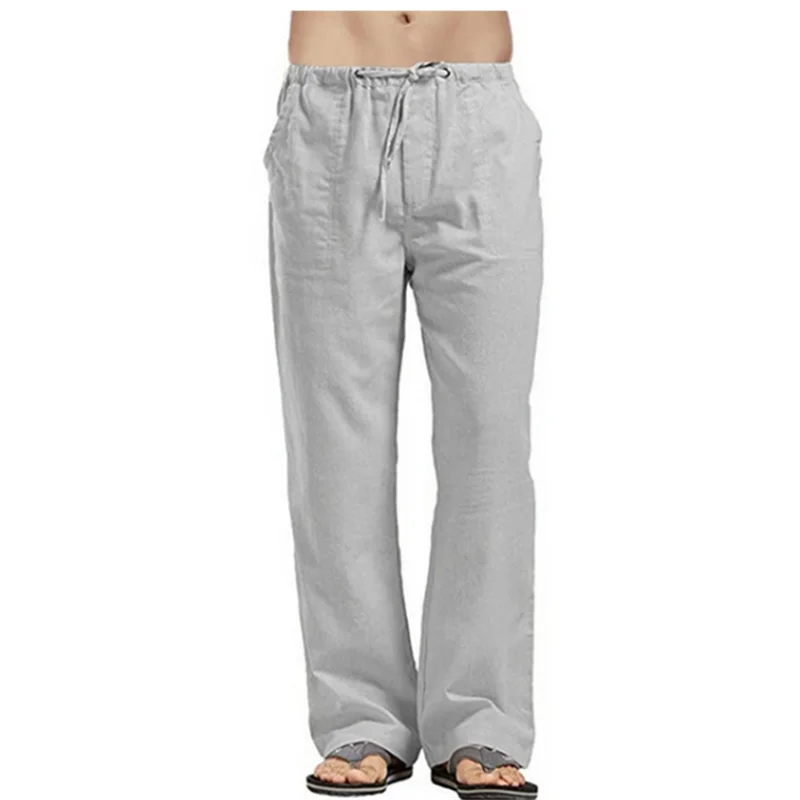 FGKKS 2024 Summer Men Solid Linen Pants Multi-Pocket Straight Casual Pants Large Size Breathable Light Loose Trousers Male thumbnail 5
