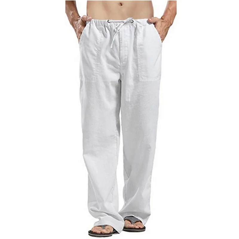 FGKKS 2024 Summer Men Solid Linen Pants Multi-Pocket Straight Casual Pants Large Size Breathable Light Loose Trousers Male thumbnail 4