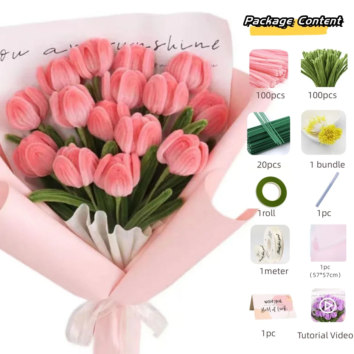 200pcs Pipe Cleaners Craft Supplies with 20pcs Metal Rods,1 Glue Bar,1 Garden Tape, 1m ribbon, 1pc Haze paper and 1 Gift Card
