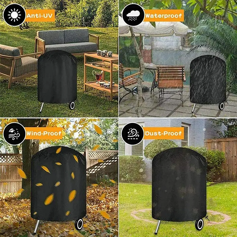 Round Black Outdoor Grill Cover Fire Pit Stove BBQ Covers Waterproof Heavy Duty Garden 210D Cloth Electric BBQ Protection Cover thumbnail 5