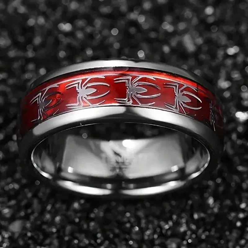 Customizable Name Text 8MM Wide Inlaid Red Opal Paper + Spider Motif Titanium Steel Men's Ring Wedding Band Stainless Steel Ring thumbnail 2