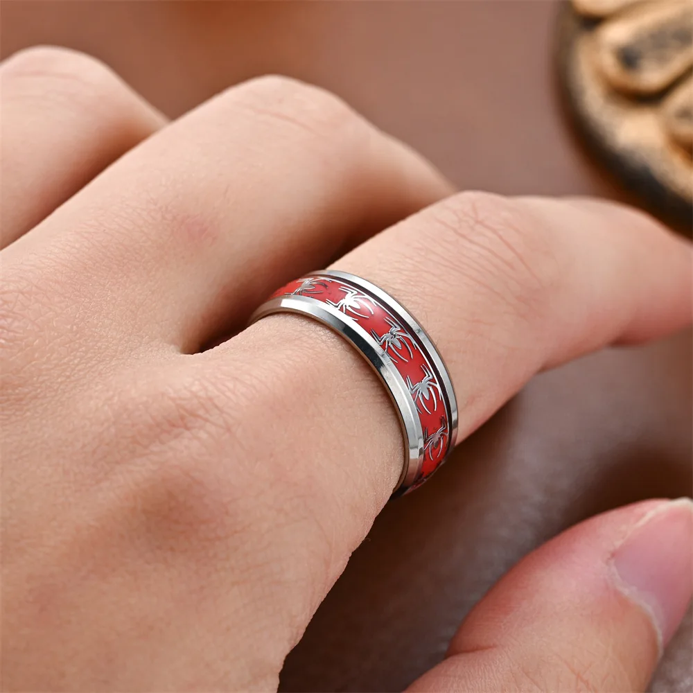 Customizable Name Text 8MM Wide Inlaid Red Opal Paper + Spider Motif Titanium Steel Men's Ring Wedding Band Stainless Steel Ring thumbnail 4