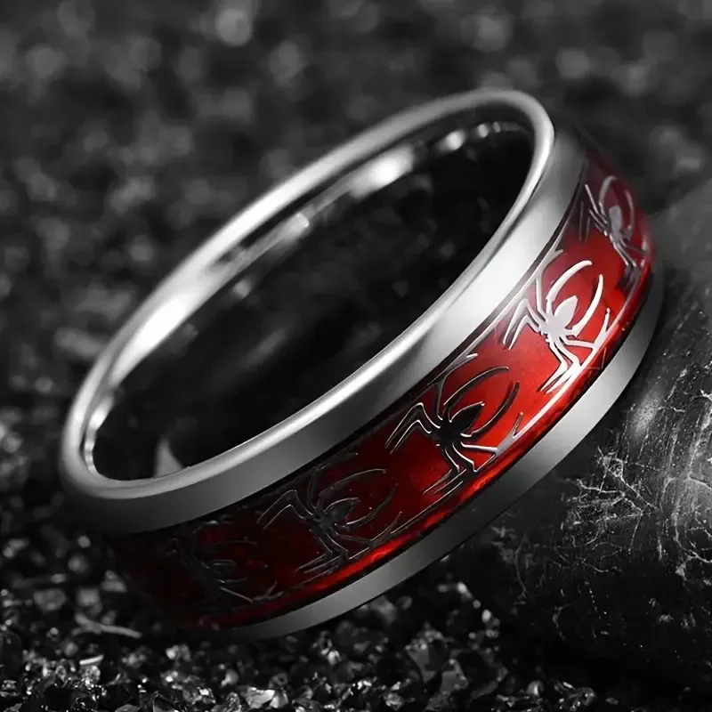 Customizable Name Text 8MM Wide Inlaid Red Opal Paper + Spider Motif Titanium Steel Men's Ring Wedding Band Stainless Steel Ring thumbnail 3