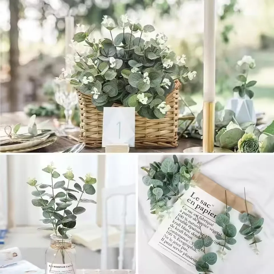10pcs Eucalyptus Leaf Stems Green Artificial Plants Living Room Decor Bride Wedding Vases Flowers Bouquet Decor Artificial Plant thumbnail 5